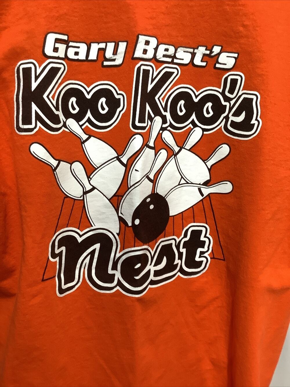 Vtg Gary Bests Koo Koos Nest Bowling T Shirt Orange Gildan Ultra Cotton L